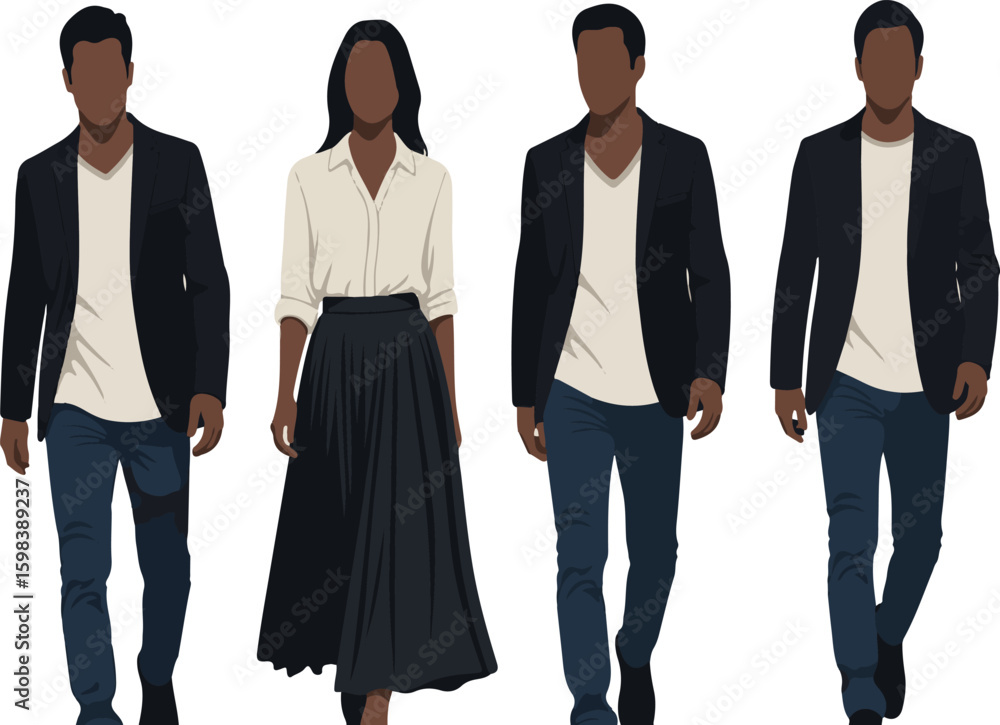 Obraz premium Flat Design Diverse Group of People Walking in Smart Casual Attire Vector Illustration isolated PNG with Transparent Background