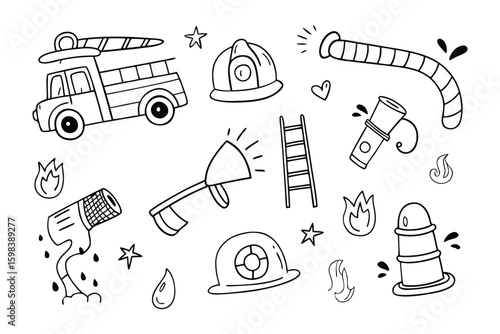 Emergency Services Doodle: This charming illustration highlights the essential gear, tools, and vehicle central to emergency response. The image is full of fire trucks, water drop, fire flame.