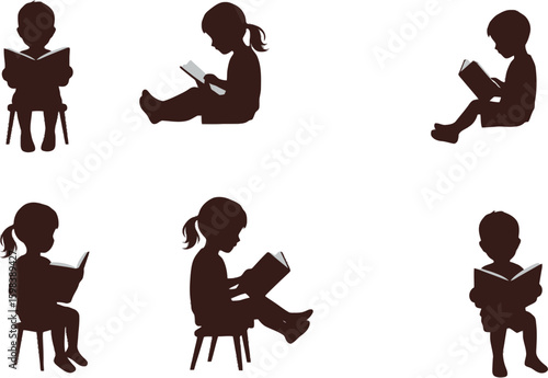 Vector art of a set of children silhouettes reading books while sitting on chairs or the floor, isolated on a white background
