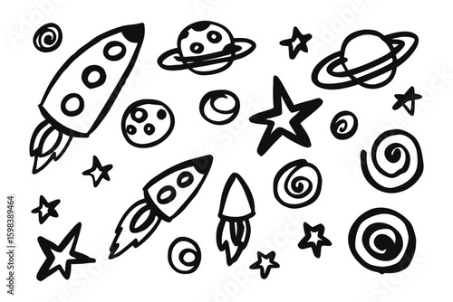 Cosmic Doodles: A playful array of hand-drawn cosmic elements against a clean backdrop. Whimsical rockets, planets, stars, and galaxies evoke a sense of wonder and space exploration.