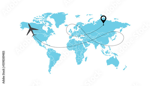 air plane flight route with start point and dash line trace. Various aircraft and destination location pins icons. Aircraft tracking, planes, travel, map
