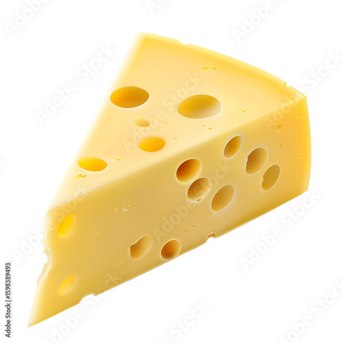 A slice of Swiss cheese with characteristic holes, isolated on a white background.