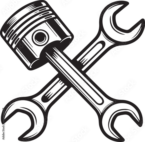 Piston and crossed wrenches emblem engine part spanner