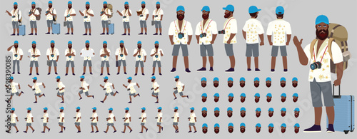Traveler character model sheet, Character poses, expressions, Walk cycle, Run cycle animated character sequences.