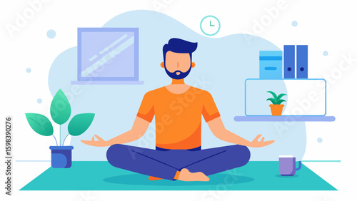 A man following a virtual meditation and yoga routine his avatar peacefully practicing poses and breathing exercises under the guidance of a serene. Vector illustration
