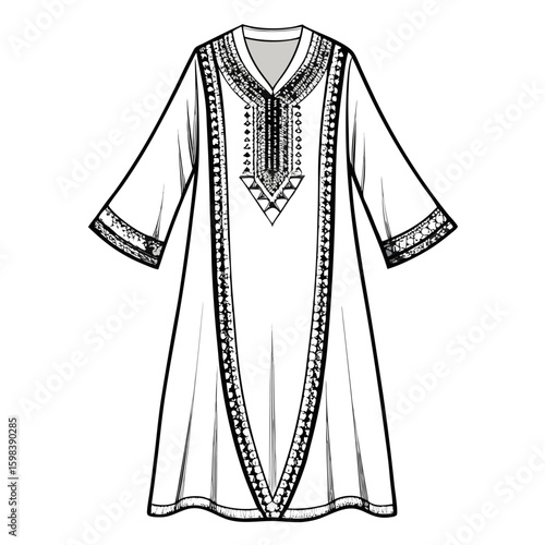 Fashion illustration of a traditional kaftan dress with intricate embroidery and decorative trim