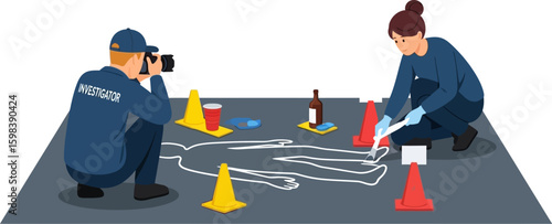 Forensic investigators meticulously document a crime scene with chalk outline and evidence markers