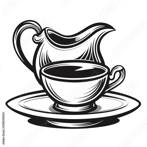 Stylized black and white illustration of a coffee cup and creamer on a saucer