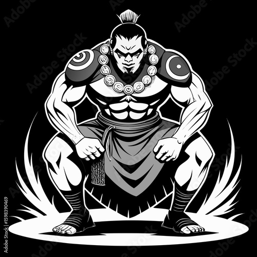Powerful sumo wrestler in a fighting stance with a fierce expression and traditional attire