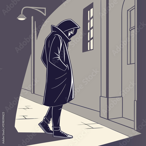 Person in hooded coat standing in dark alleyway with buildings and street light at night time scene