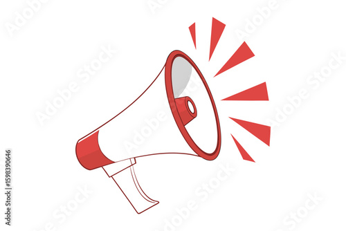 Hand drawn illustration of a red and white megaphone emitting sound waves isolated on white background silhouette