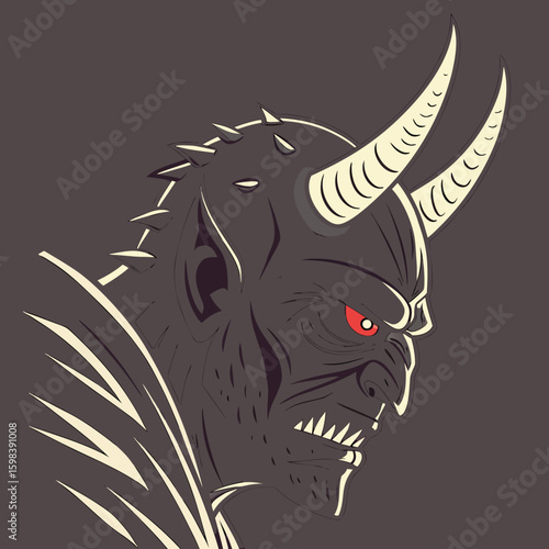 Illustration of a demonic figure with horns, red eyes, and sharp teeth in a side profile view design