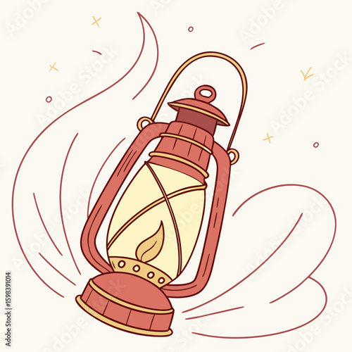 A vintage lantern with a candle inside casting a warm glow with decorative metalwork and a top handle design