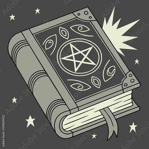 Illustration of an old spellbook with a pentagram symbol and decorative white lines on a dark background