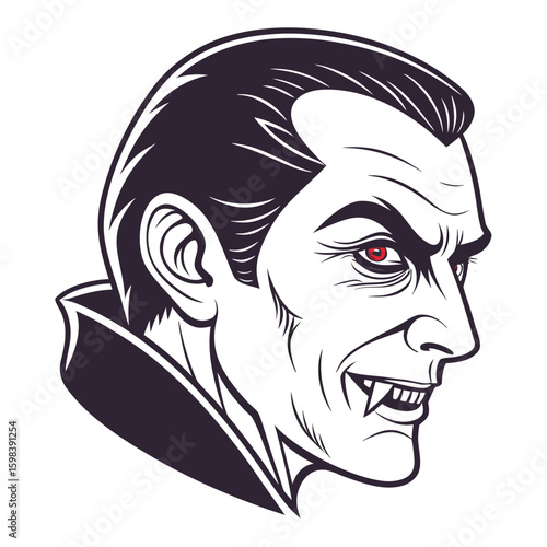 Illustration of a vampire with pale skin, dark hair, red eyes, and sharp fangs in a side profile view