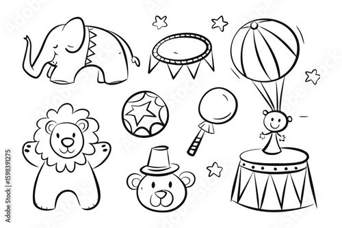 Whimsical Circus Sketch: A playful illustration of circus-themed elements. A charming collection of circus animal. Each element drawn with simple lines and forms.