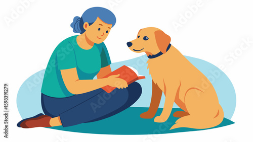 A hoe volunteer brings in a pet therapy dog who gently rests on the lap of a patient as they doodle and color together providing a muchneeded sense of. Vector illustration