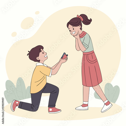 Young man proposing to a young woman holding a ring box while kneeling on one knee in an outdoor setting