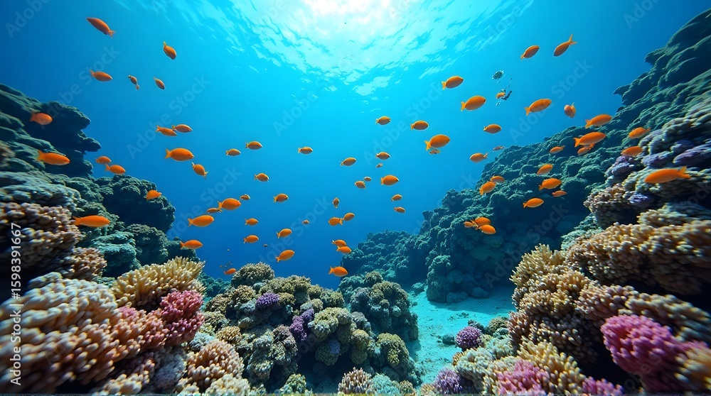 Naklejka premium Vibrant Coral Reef with Tropical Fish Underwater Scene