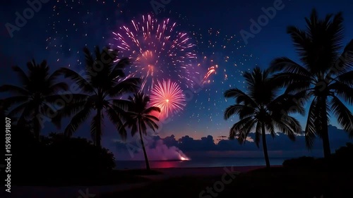 Red fireworks explode over a tropical beach with palm trees silhouetted against the night sky