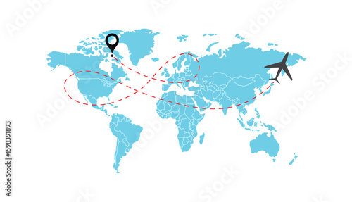 air plane flight route with start point and dash line trace. Various aircraft and destination location pins icons. Aircraft tracking, planes, travel, map