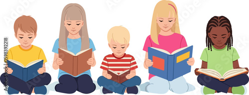 Diverse group of children happily reading books together on a white background