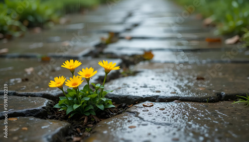 Yellow flowers growing through cracked pavement after rain nature resilience concept photography art