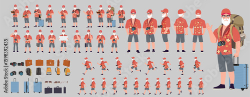 Traveler character model sheet, Character poses, expressions, Walk cycle, Run cycle animated character sequences.