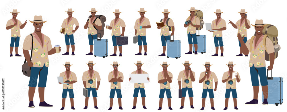 Fototapeta premium Traveler character model sheet, Character poses, expressions, Walk cycle, Run cycle animated character sequences.