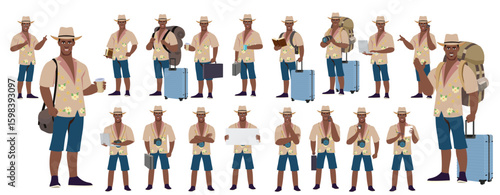 Traveler character model sheet, Character poses, expressions, Walk cycle, Run cycle animated character sequences.