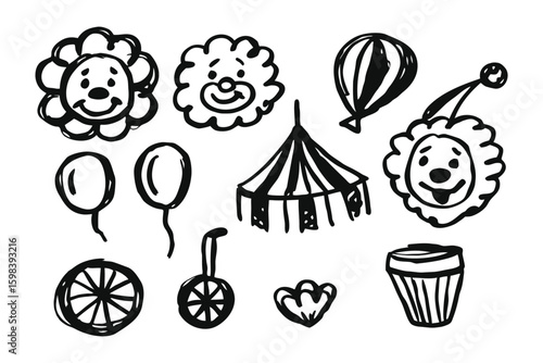Circus Illustration Set: Whimsical illustration of circus-themed elements, with a playful design perfect for adding a touch of festive fun.