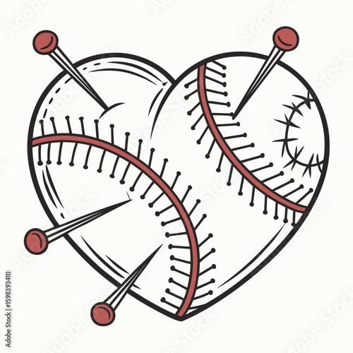 Heart shaped baseball with red seams and stitches and pins stuck into it on a white background art