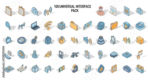 Collection of one hundred universal interface icons, designed with isometric perspective, showcasing various digital elements.