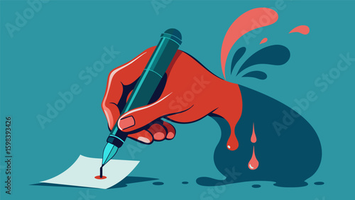A hand grips a pen tightly as it scrawls out a letter the ink smudging with the writers tears. The letter becomes a safe haven for their hidden. Vector illustration