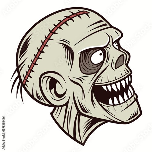 Illustration of a zombie head with stitches and sharp teeth in a cartoon style on a white background