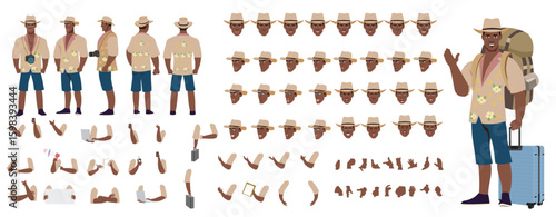 Traveler character model sheet, Character poses, expressions, Walk cycle, Run cycle animated character sequences.