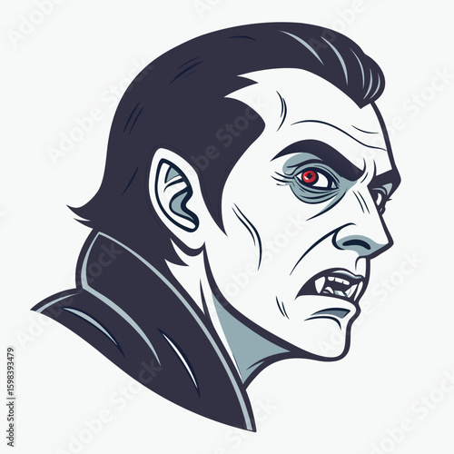 Illustration of a vampire with pale skin, dark hair, red eyes, and sharp fangs in a side profile view