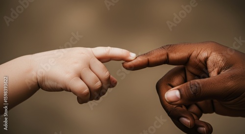Two hands of different skin colors touch small fingers, a blurred background, and a large empty space on the left side for writing.