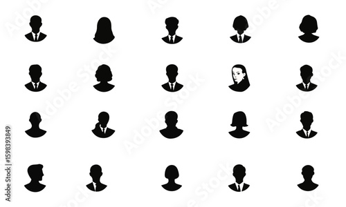 Set of black and white human silhouette icons featuring various people profiles for user interface and business design purposes.