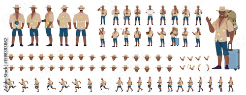 Traveler character model sheet, Character poses, expressions, Walk cycle, Run cycle animated character sequences.