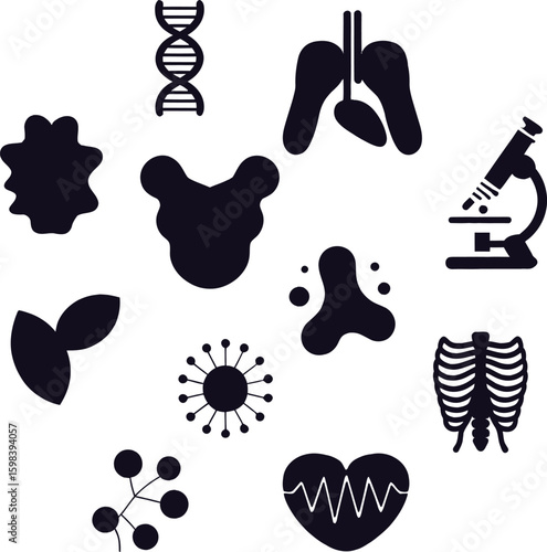 Biological science icons featuring D N A lungs microscope heart ribcage and cells biology