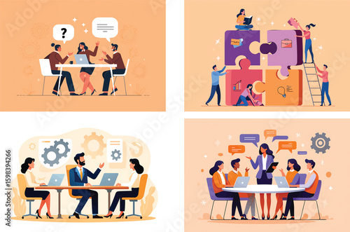 Set of vector illustrations depicting business teamwork, collaboration, and problem-solving in a corporate meeting.