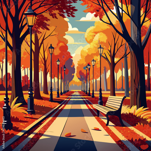 A picturesque park pathway lined with lampposts and vibrant autumn trees leading to a distant horizon
