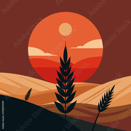 Stylized sunset over rolling hills with silhouettes of wheat stalks in warm earth tones