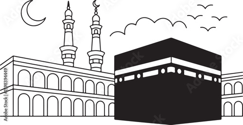 Islamic holy site with crescent moon and minarets mecca kaaba
