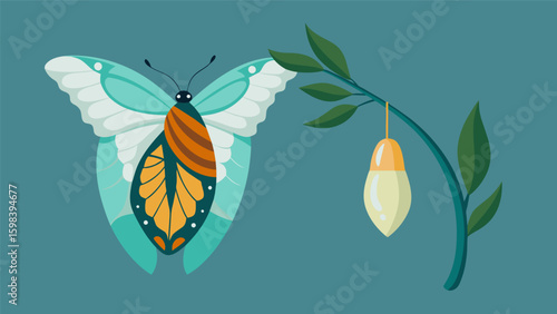 A butterfly emerging from its co representing a personal transformation.. Vector illustration