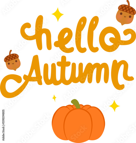 Cartoon hello autumn illustration with pumpkin 