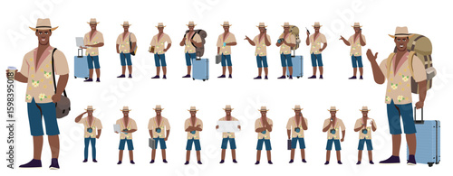 Traveler character model sheet, Character poses, expressions, Walk cycle, Run cycle animated character sequences.