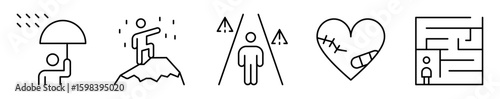 Conjunto de iconos de adversidad. Desafíos emocionales y resiliencia. Protección, superación, obstáculos, sanación y confusión. Ilustración vectorial 