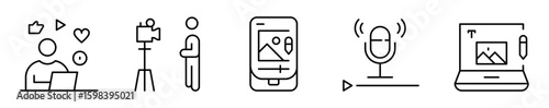 Conjunto de iconos de creador de contenido. Producción, interacción y difusión digital. Publicación, grabación, material audiovisual, audio y edición. Ilustración vectorial 